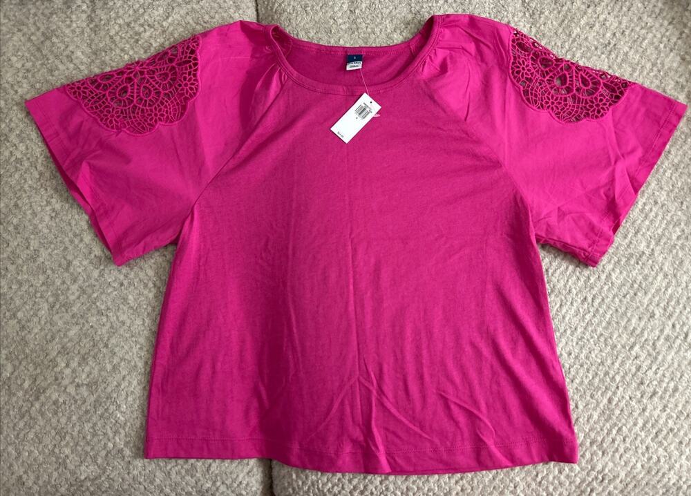 Old Navy Women’s Pink Crochet Sleeve Scoop Neck Knit Cotton Tee Size S NWT